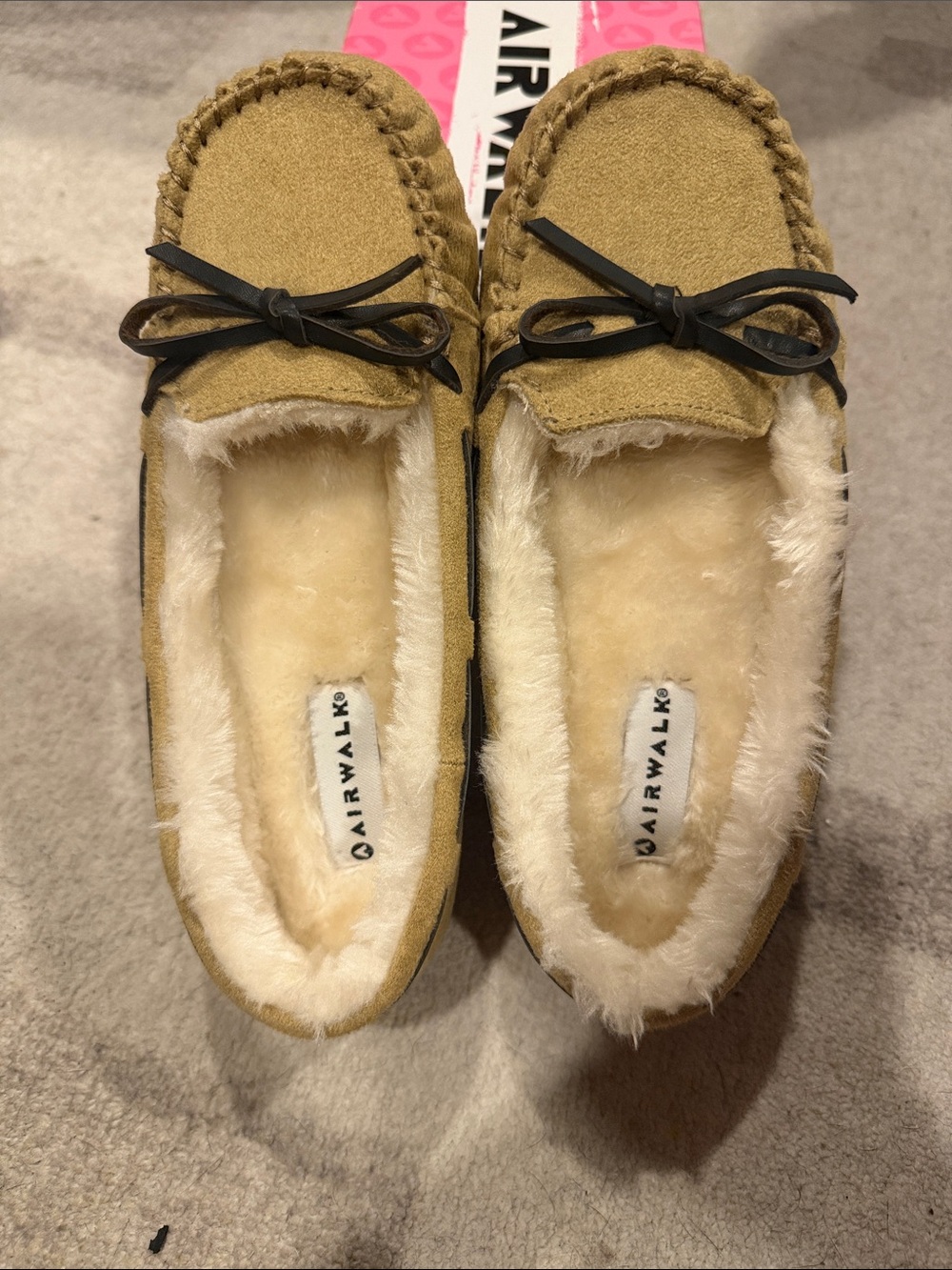 Airwalk Women's Tan Suede Moccasin Slippers with Cream Fur Lining